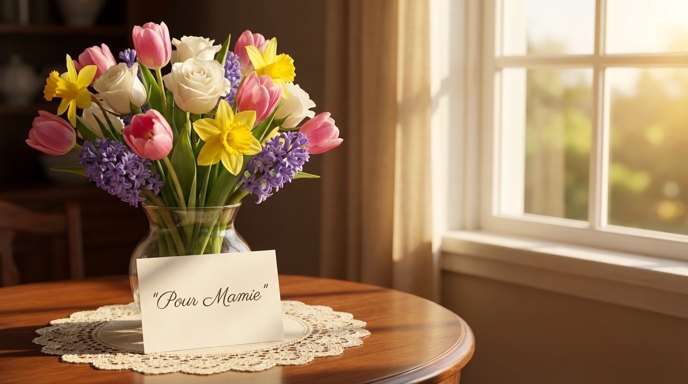 Grand-mère recevant bouquet fleurs avec sourire