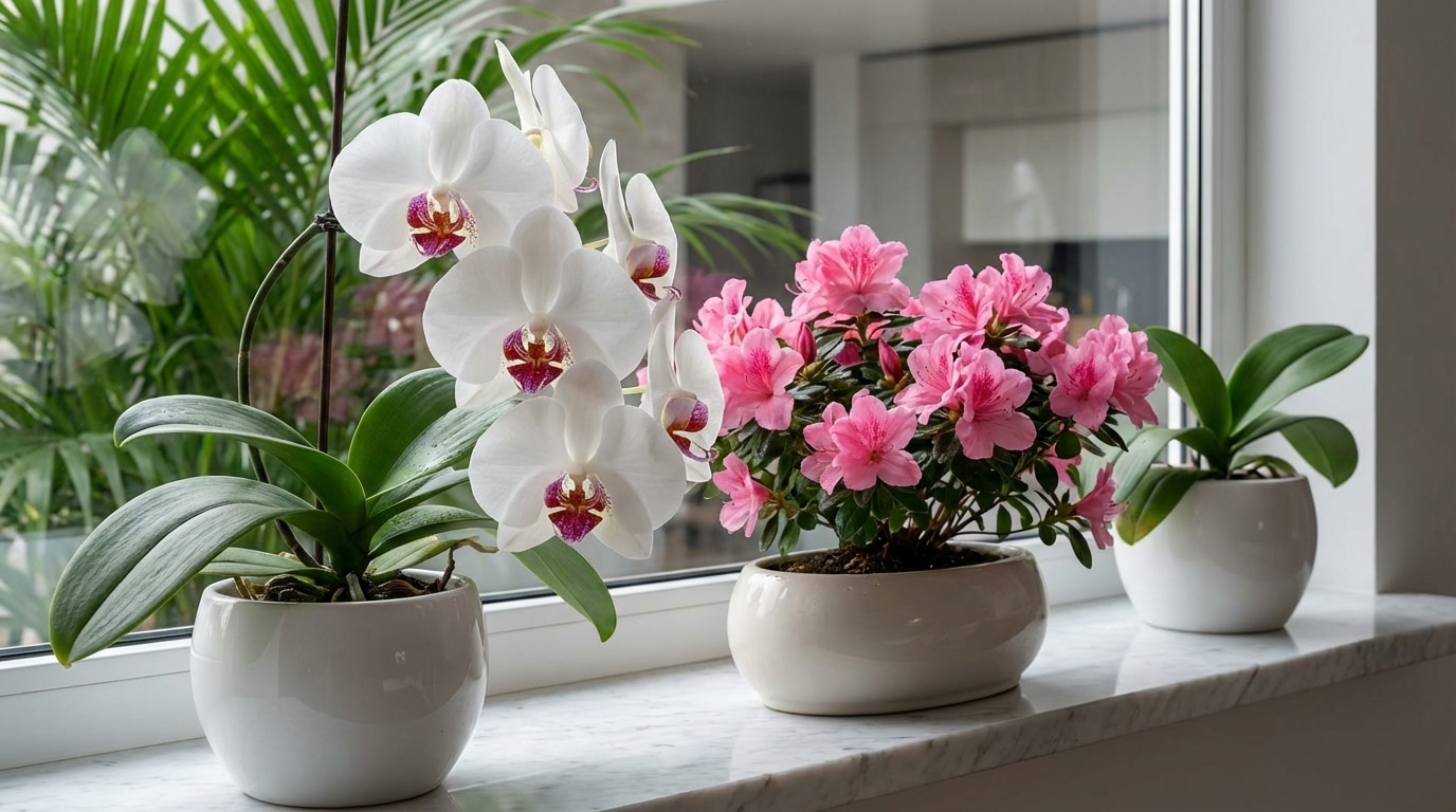 Orchidées blanches et azalées roses plantes